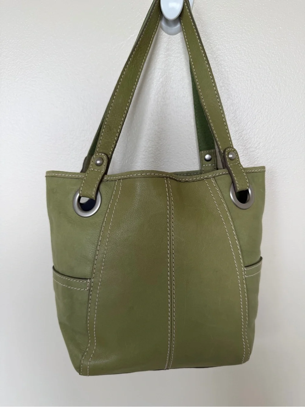 FOSSIL Olive Moss Green Leather Vintage Hobo Shoulder Tote Bag w Silver Key